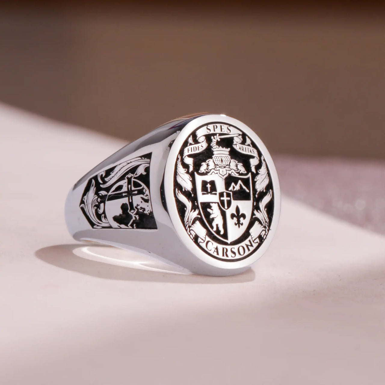 Custom Ring - White Gold Coated - Raised Design with Black Inlay and Side Engravings