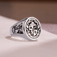 Thumbnail for Custom Ring - White Gold Coated - Raised Design with Black Inlay and Side Engravings