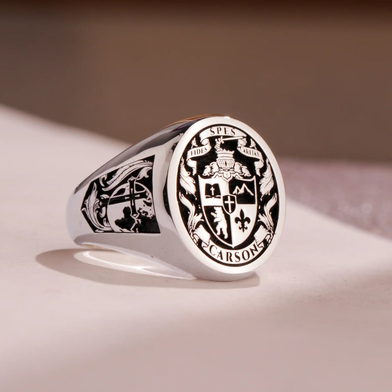 Custom Ring - 925 Silver - Raised Design with Black Inlay and Side Engravings