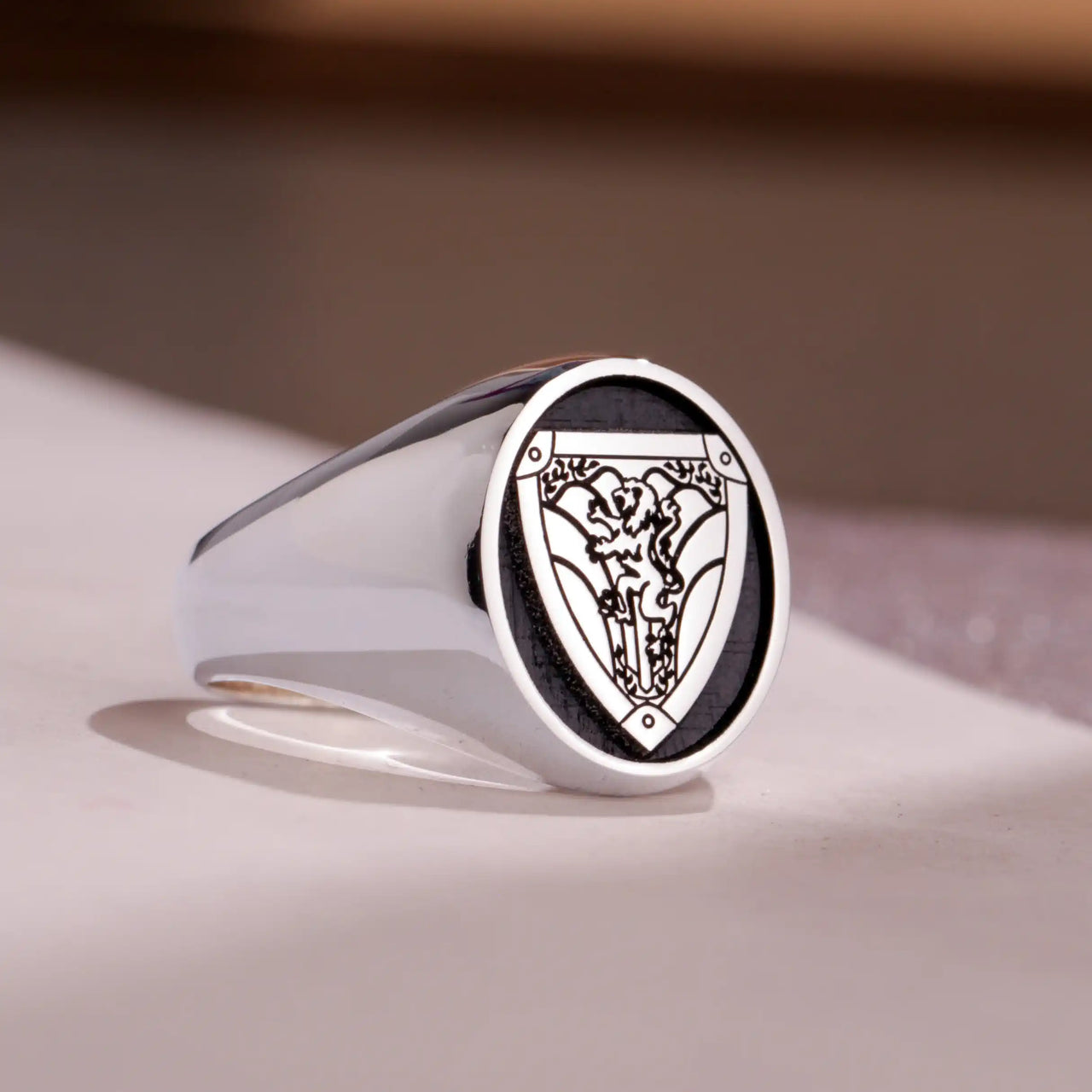 Custom Ring - White Gold Coated - Raised Design with Black Inlay