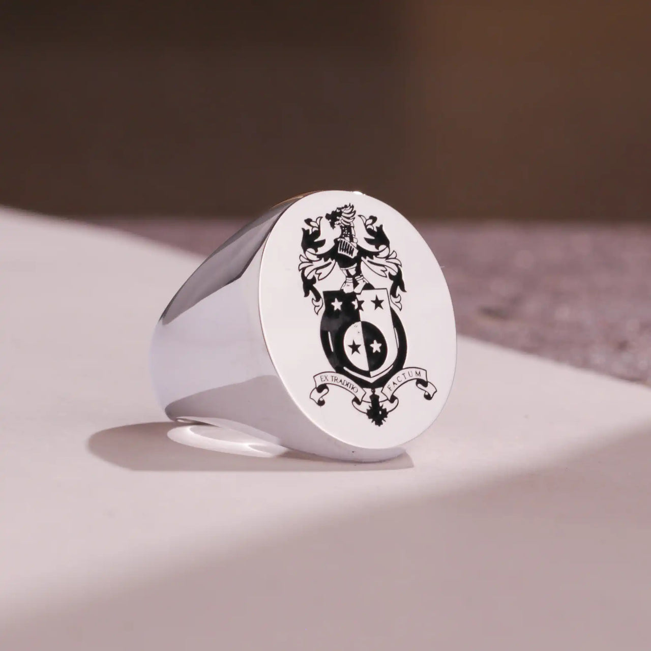 Custom Ring - White Gold Coated - Recessed Design with Black Inlay