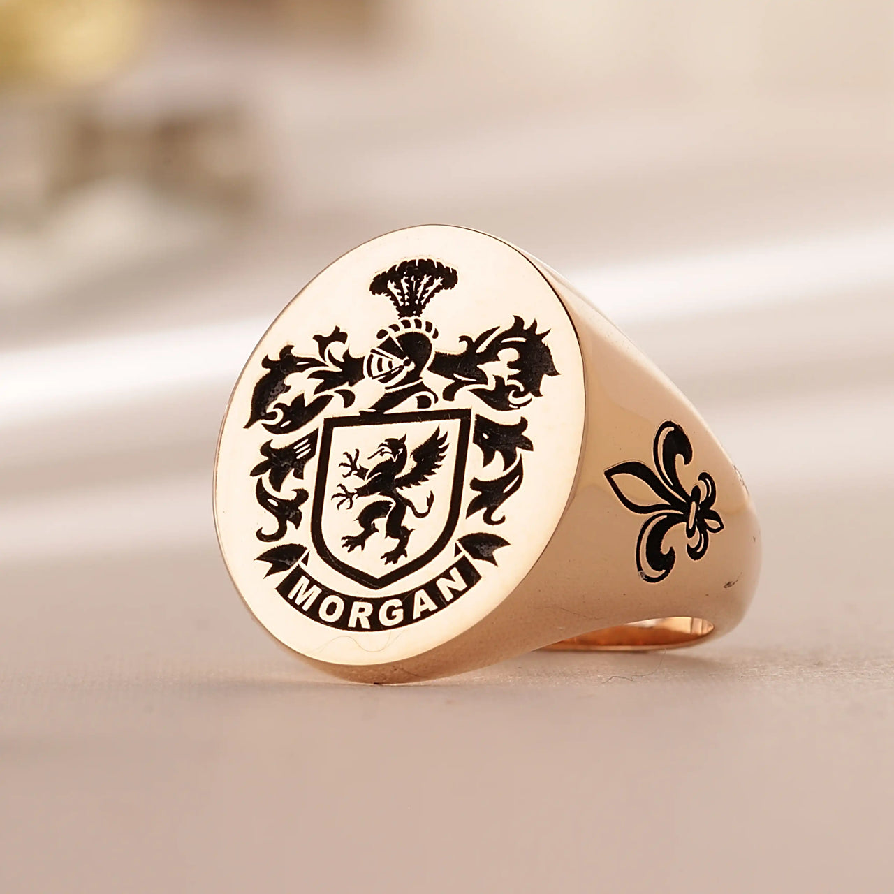 Custom Ring - Rose Gold Coated - Recessed Design with Black Inlay and Side Engravings