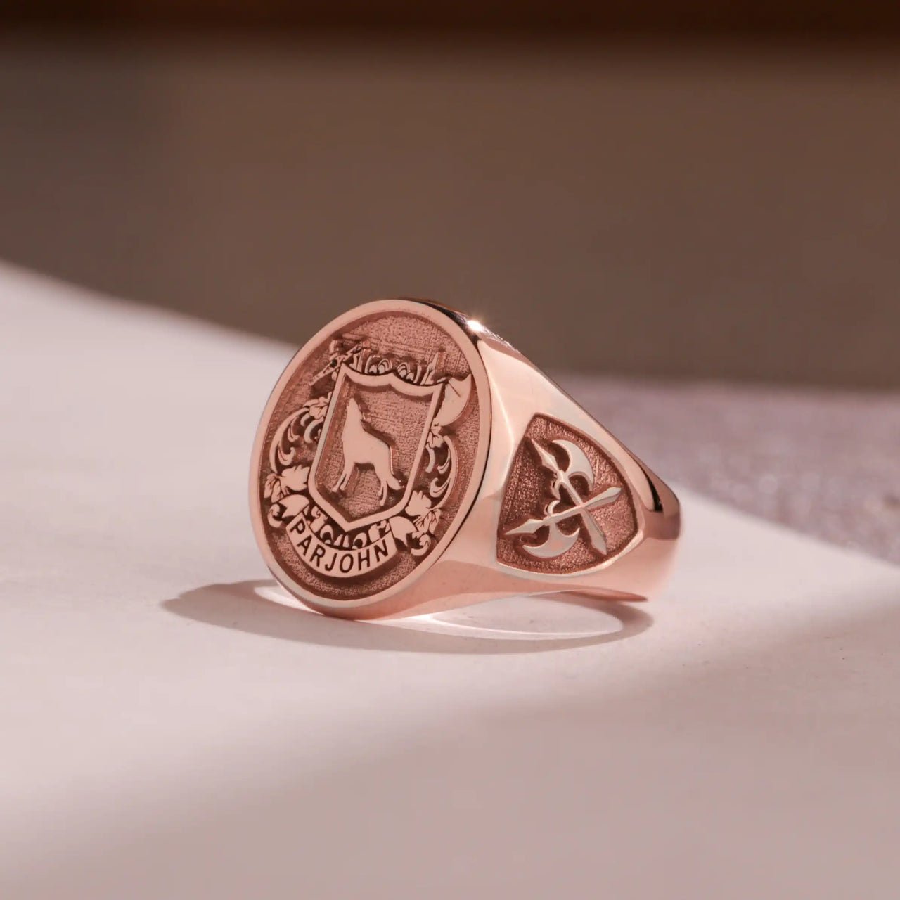 Custom Ring - Rose Gold Coated - Raised Design with Side Engravings