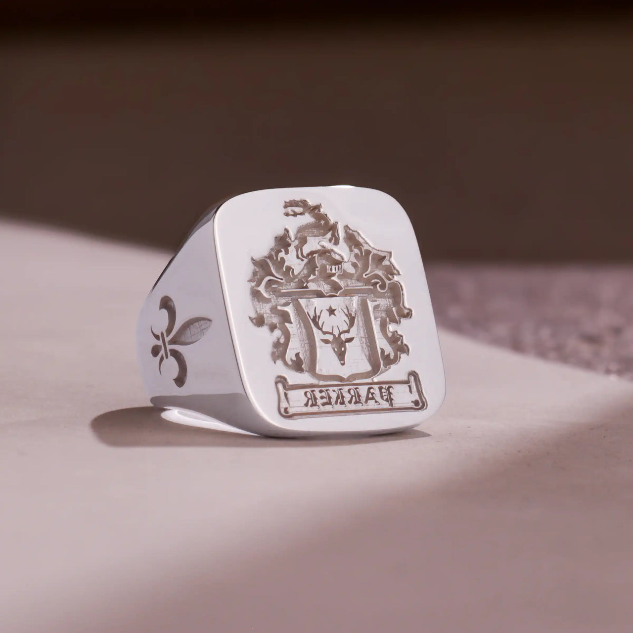 Custom Wax Seal Ring - White Gold Coated - Recessed & Reversed Design with Side Engravings