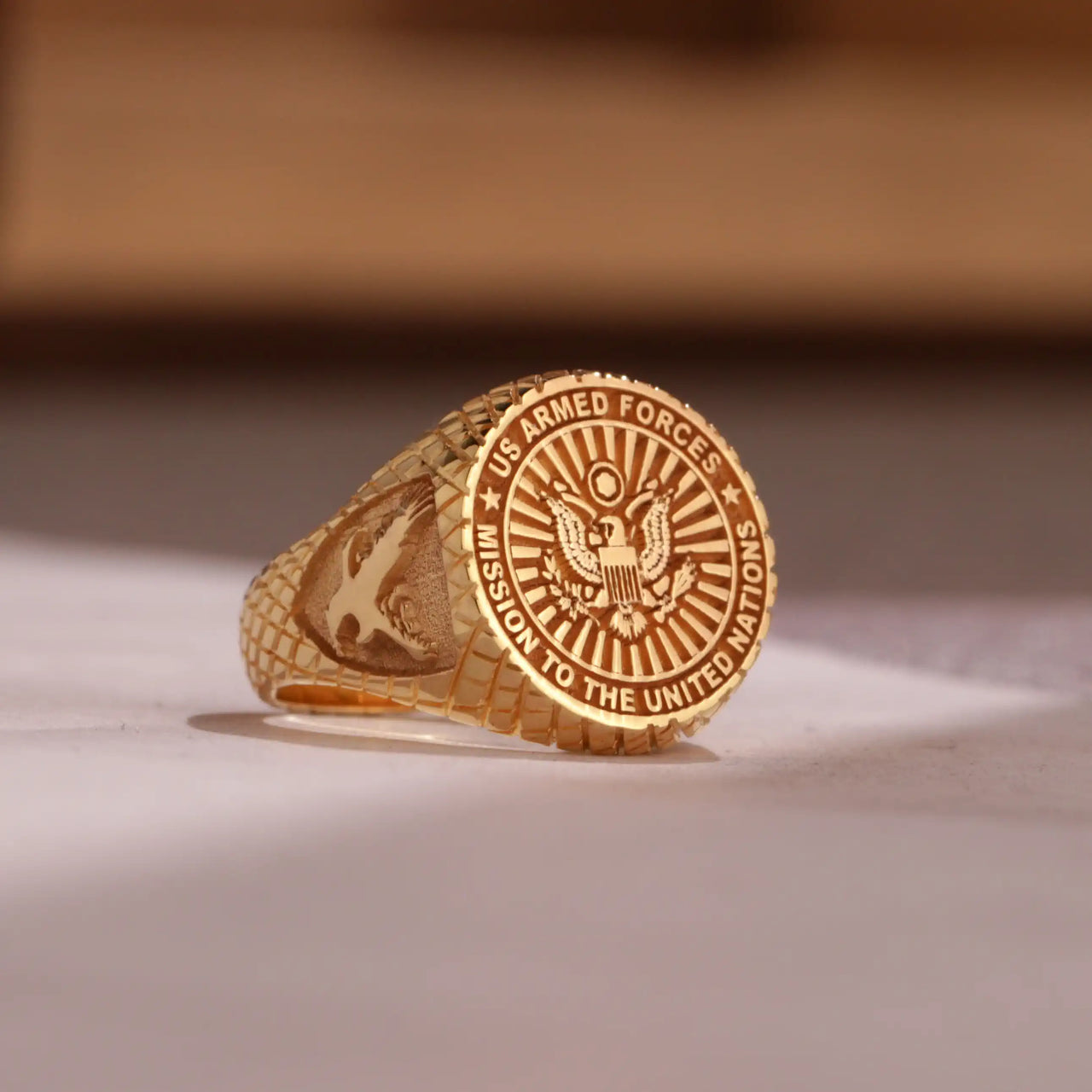 Custom Ring - Gold Coated - Raised Design with Side Engravings