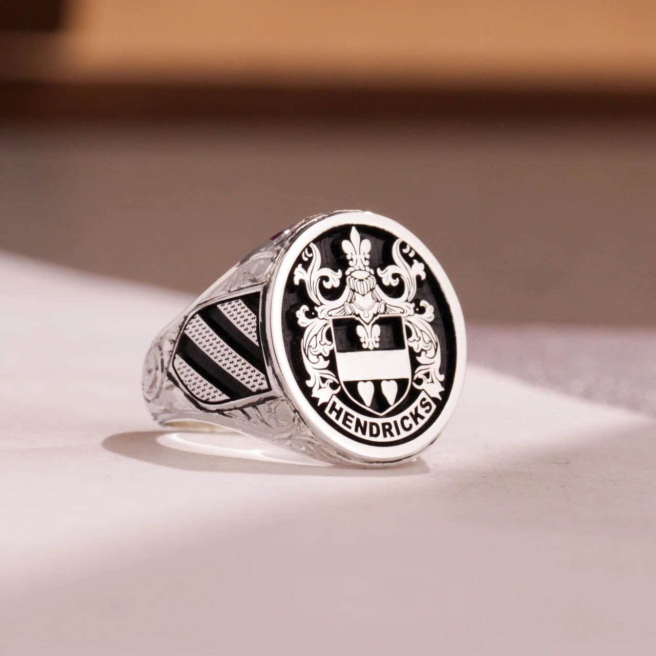 Custom Ring - 925 Silver - Raised Design with Black Inlay and Side Engravings