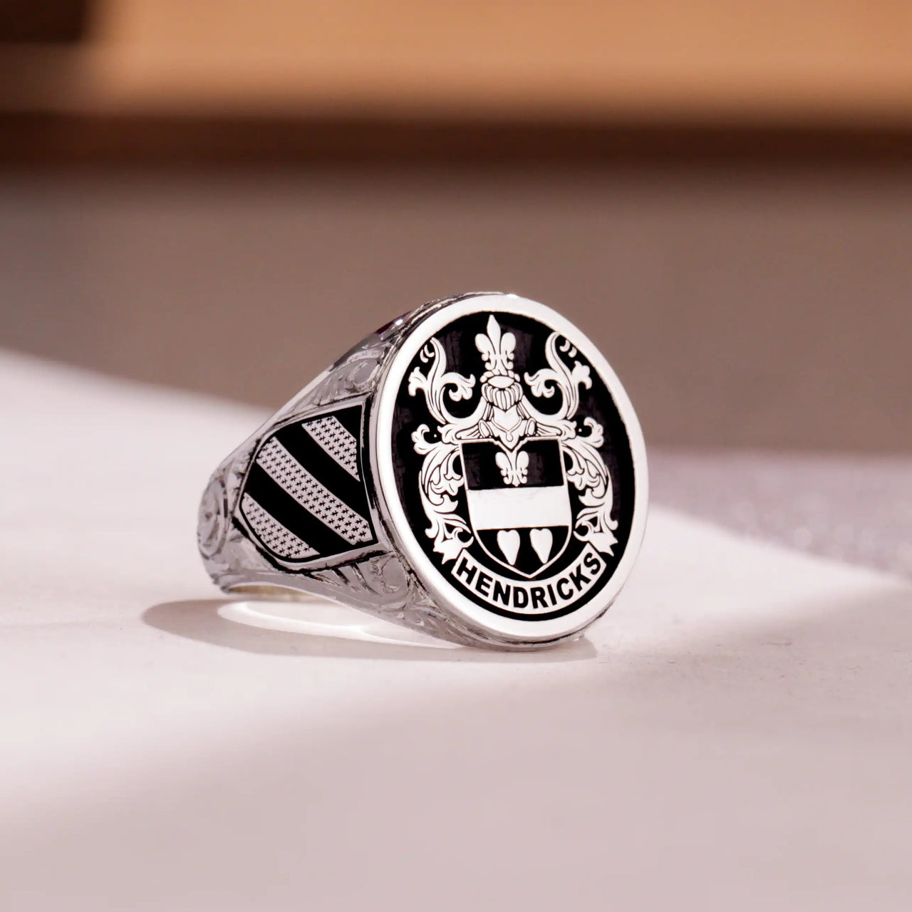 Custom Ring - White Gold Coated - Raised Design with Black Inlay and Side Engravings