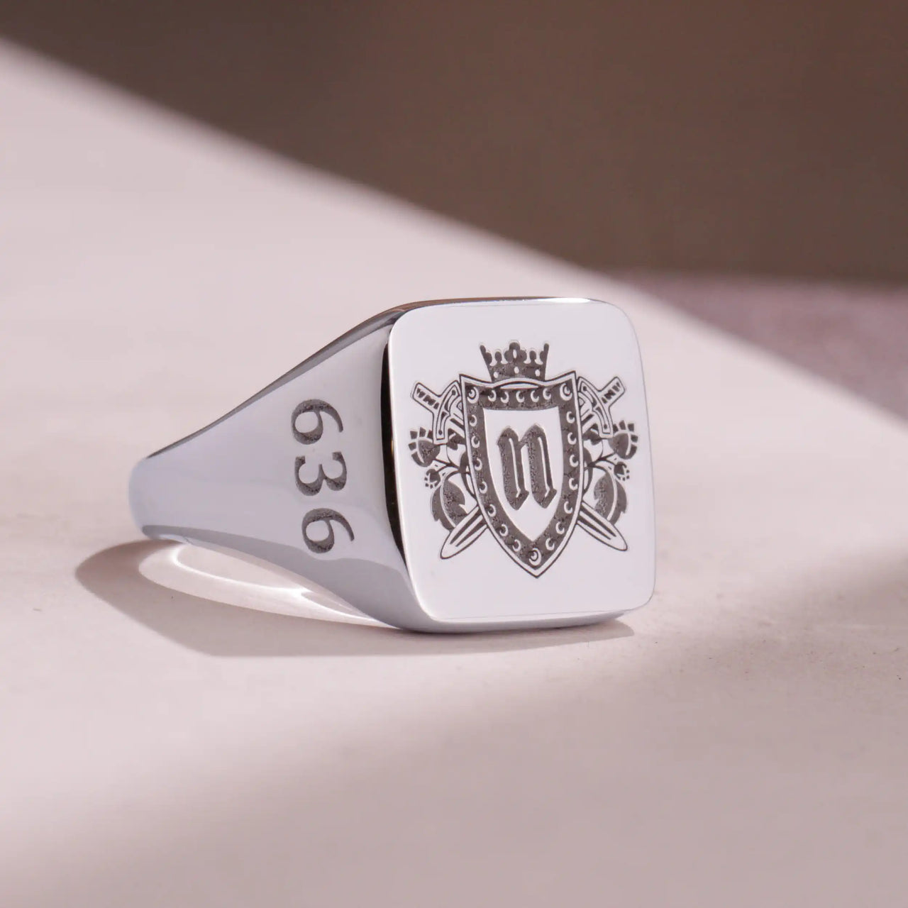 Custom Wax Seal Ring - White Gold Coated - Recessed & Reversed Design with Side Engravings