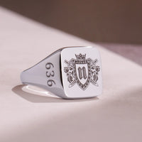 Thumbnail for Custom Wax Seal Ring - White Gold Coated - Recessed & Reversed Design with Side Engravings