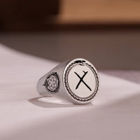 Thumbnail for Custom Ring - White Gold Coated - Recessed Design with Black Inlay and Side Engravings