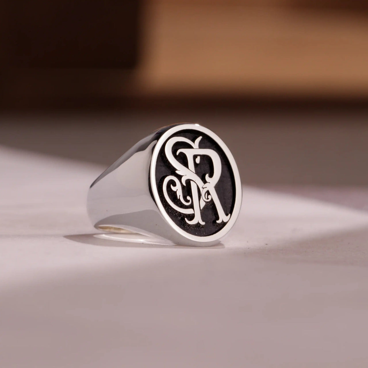 Custom Ring - White Gold Coated - Raised Design with Black Inlay