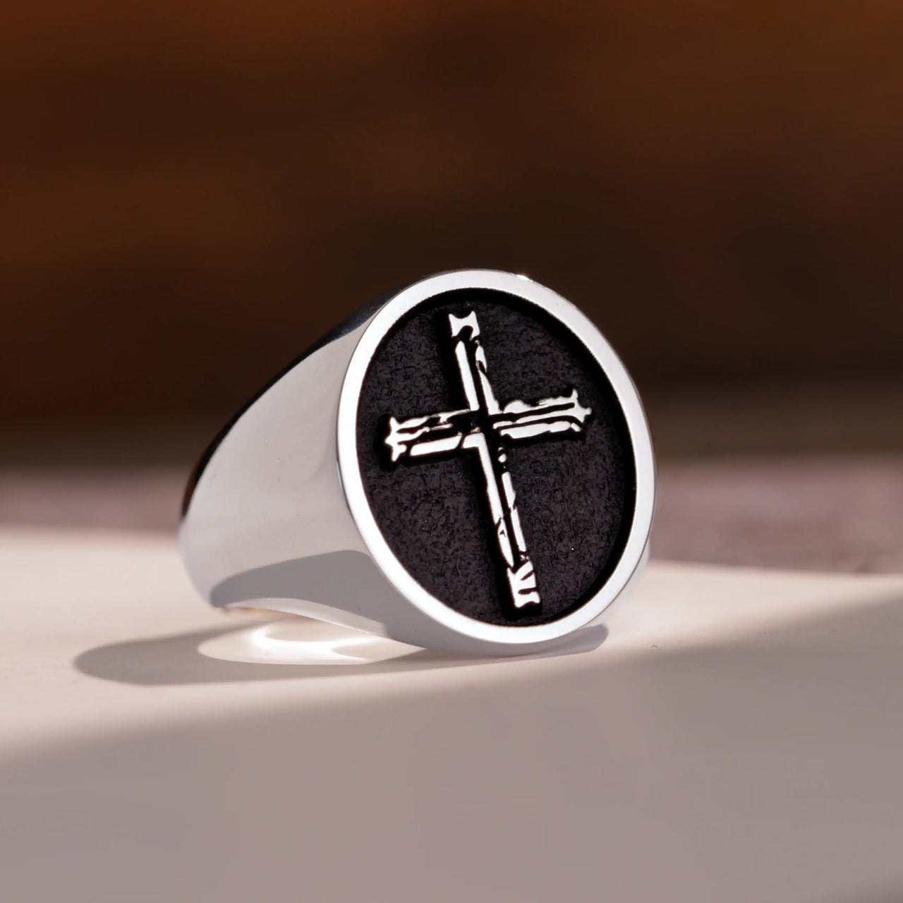 Custom Ring - White Gold Coated - Raised Design with Black Inlay