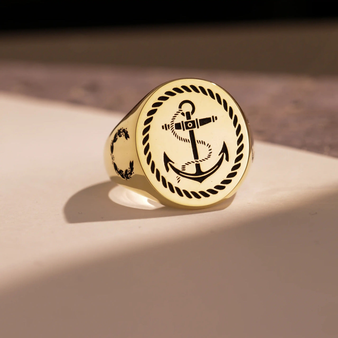 Custom Ring - Gold Coated - Recessed Design with Black Inlay and Side Engravings