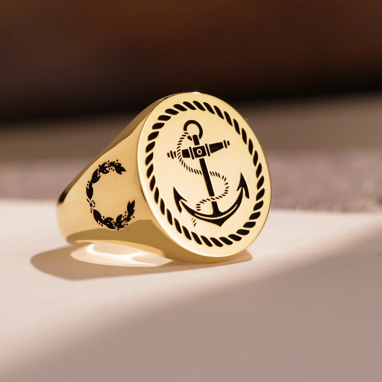 Custom Ring - Gold Coated - Recessed Design with Black Inlay and Side Engravings