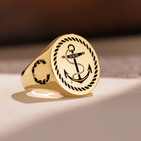 Thumbnail for Custom Ring - Gold Coated - Recessed Design with Black Inlay and Side Engravings