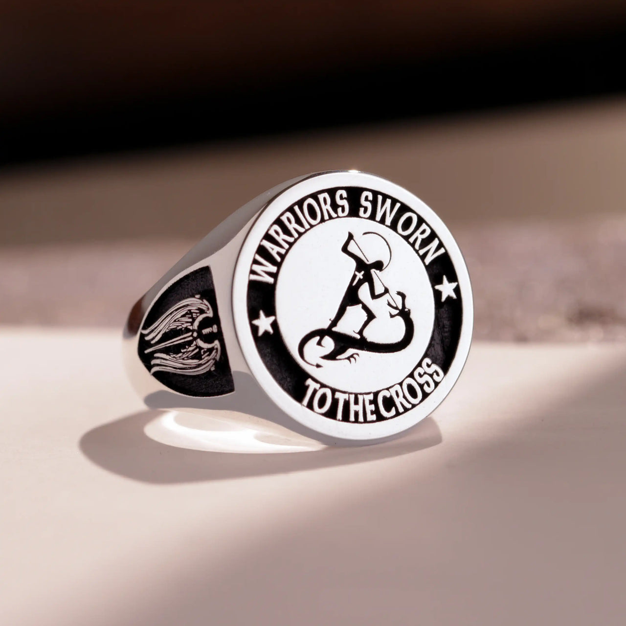 Custom Ring - White Gold Coated - Raised Design with Black Inlay and Side Engravings