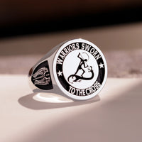 Thumbnail for Custom Ring - White Gold Coated - Raised Design with Black Inlay and Side Engravings