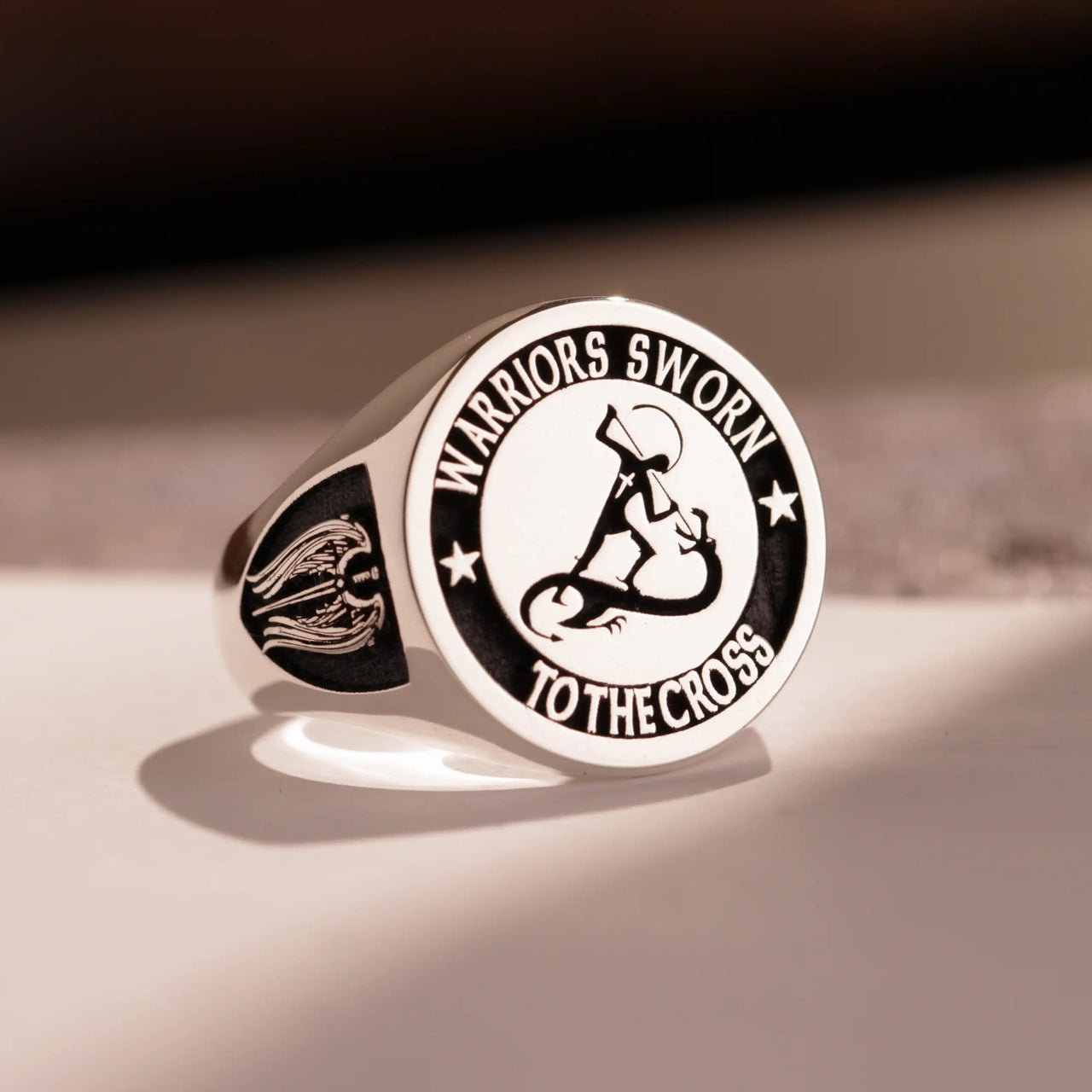 Custom Ring - 925 Silver - Raised Design with Black Inlay and Side Engravings