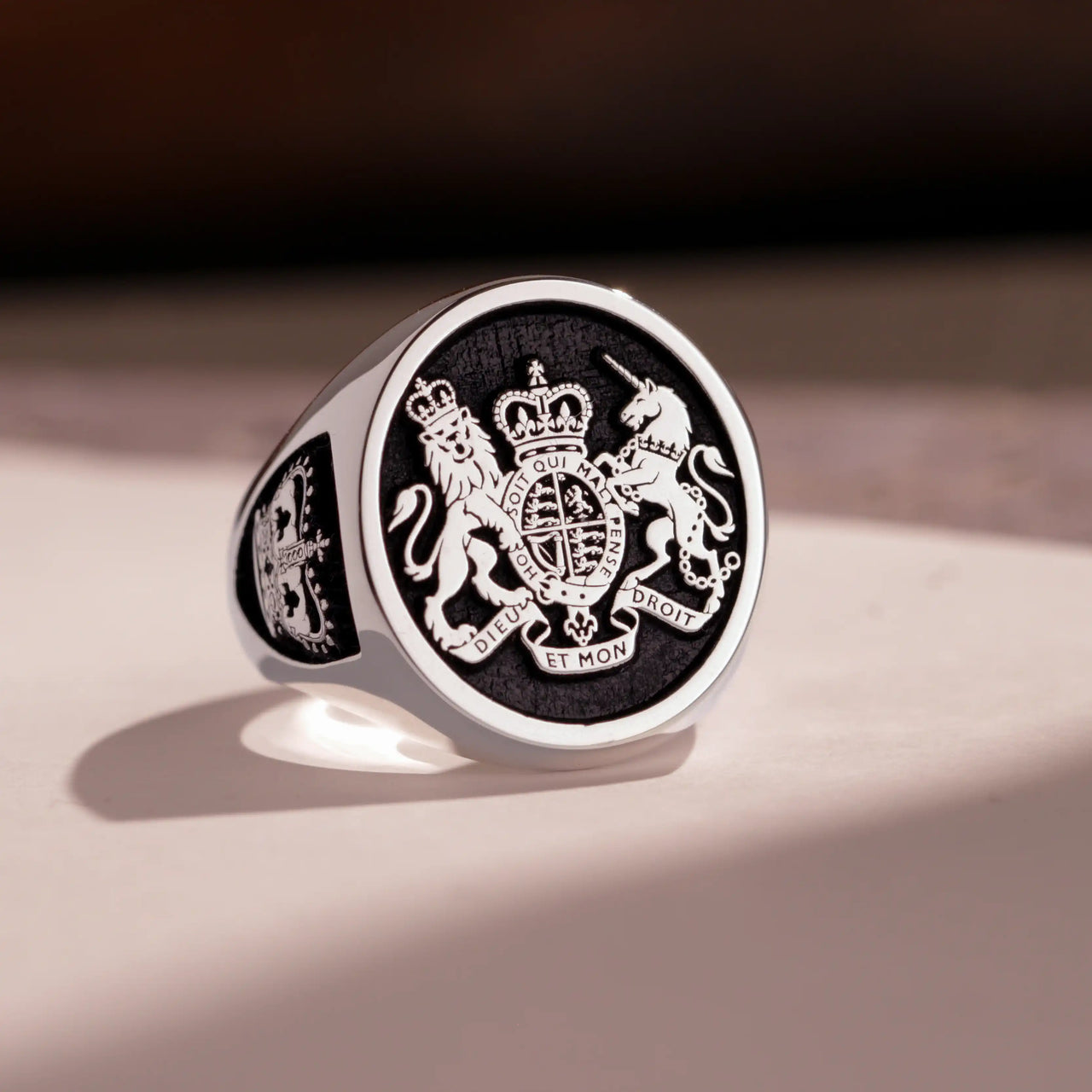 Custom Ring - White Gold Coated - Raised Design with Black Inlay and Side Engravings