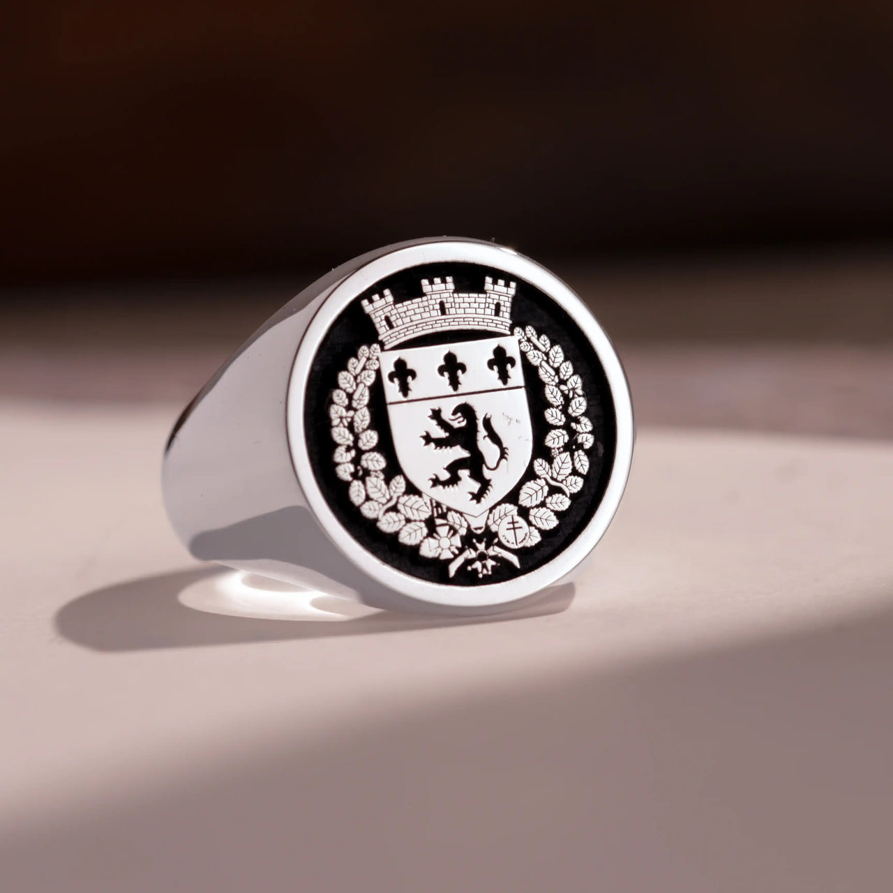 Custom Ring - White Gold Coated - Raised Design with Black Inlay