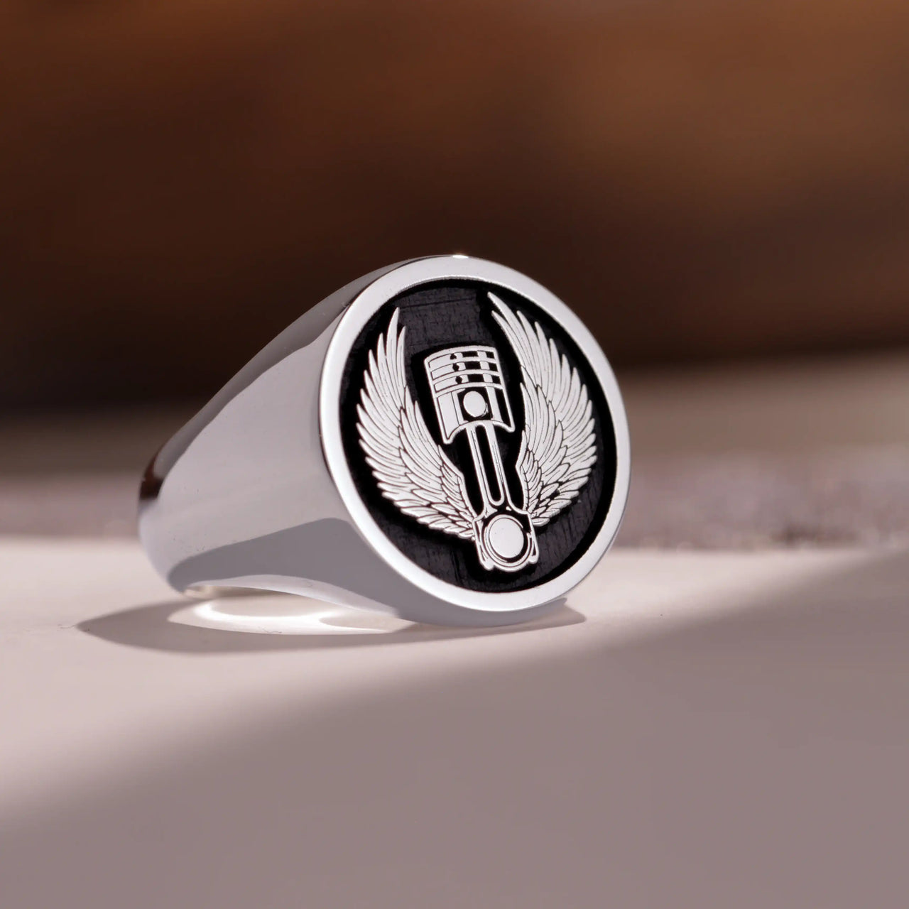 Custom Ring - White Gold Coated - Raised Design with Black Inlay