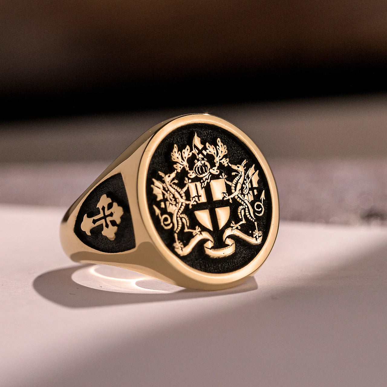 Custom Ring - Gold Coated - Raised Design with Black Inlay and Side Engravings