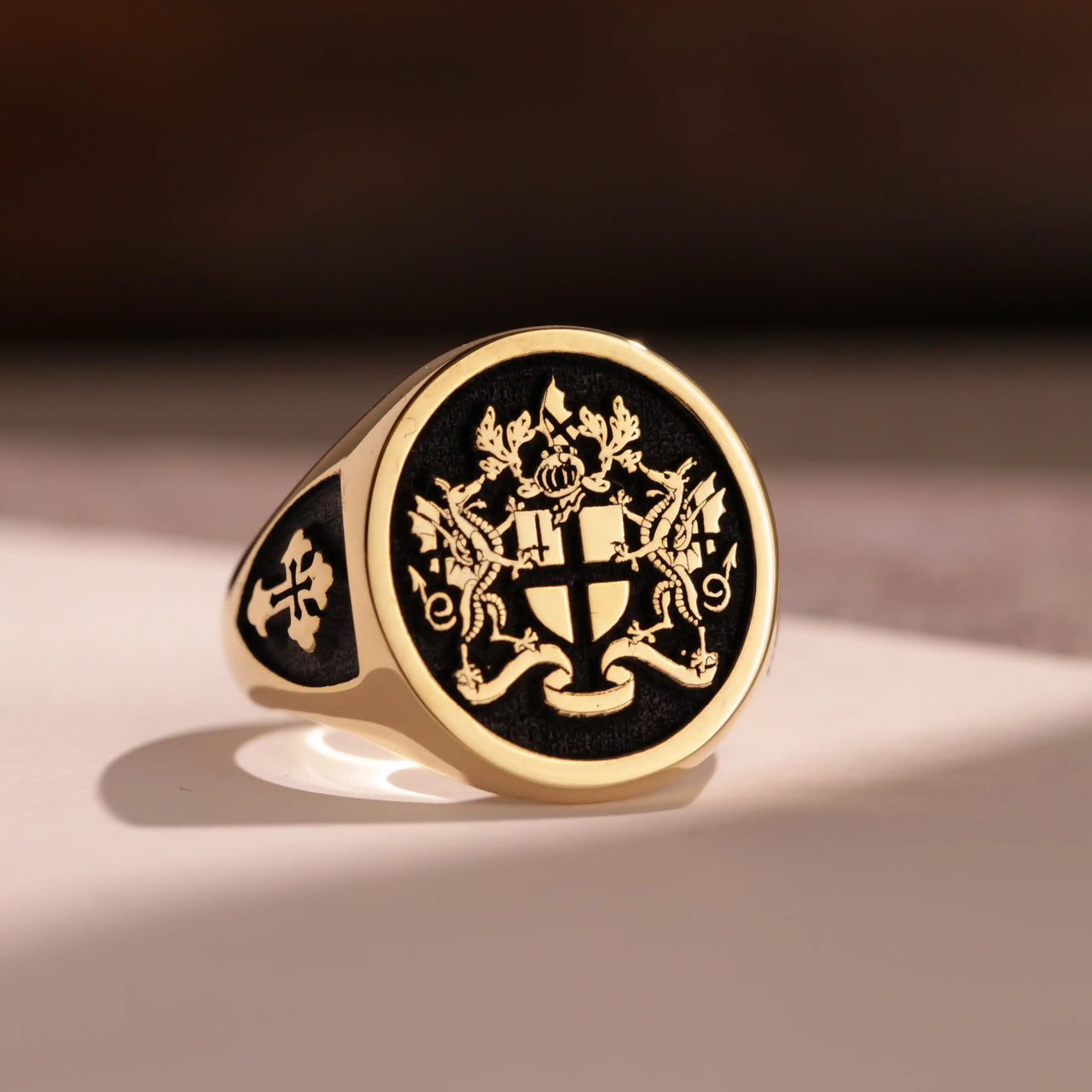 Custom Ring - Gold Coated - Raised Design with Black Inlay and Side Engravings