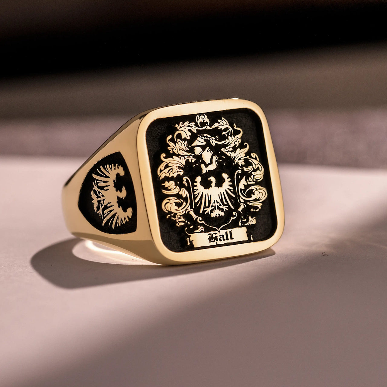 Custom Ring - Gold Coated - Raised Design with Black Inlay and Side Engravings