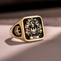 Thumbnail for Custom Ring - Gold Coated - Raised Design with Black Inlay and Side Engravings