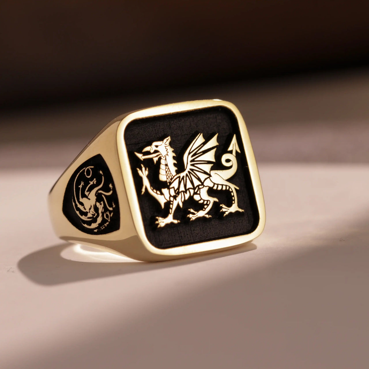 Custom Ring - Gold Coated - Raised Design with Black Inlay and Side Engravings