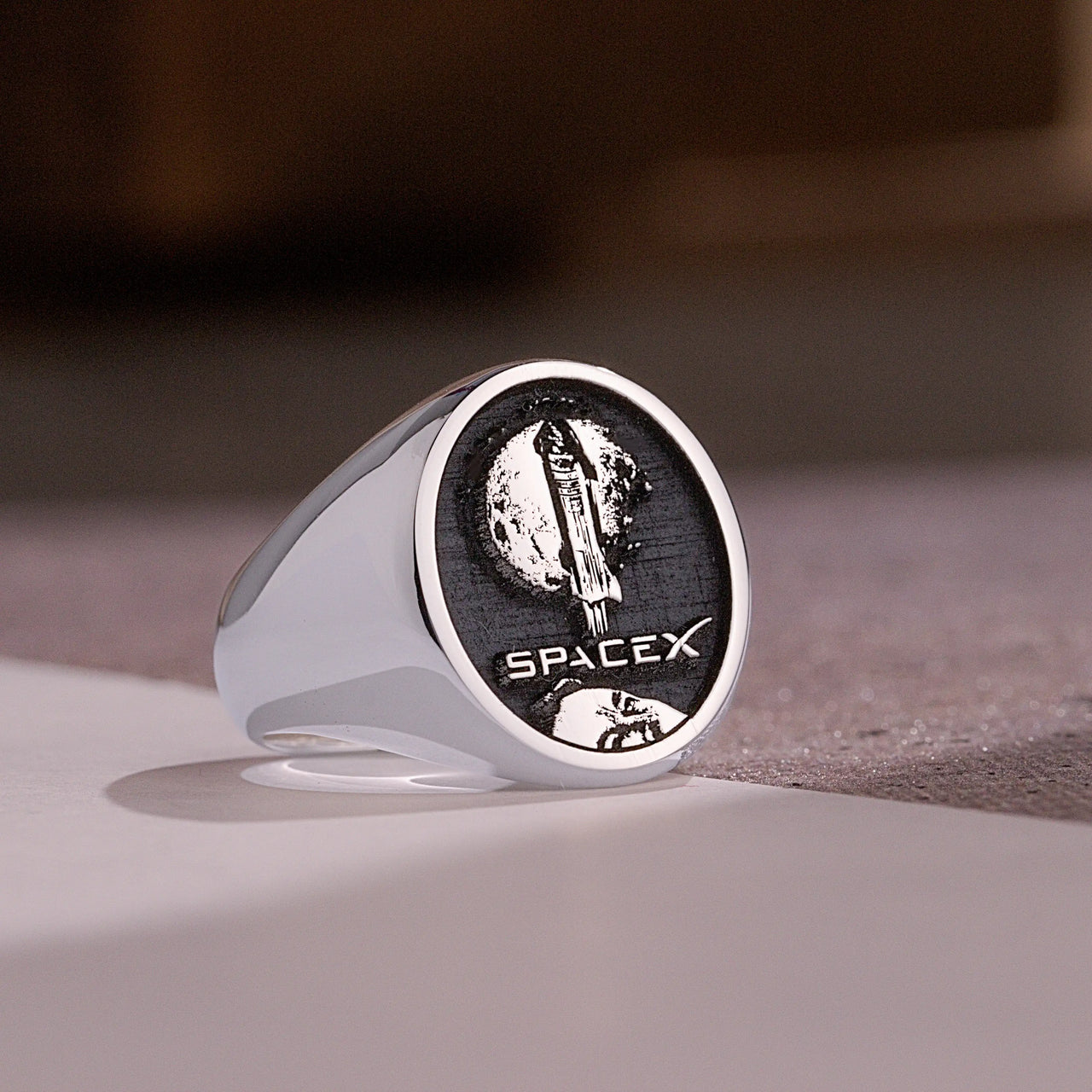 Custom Ring - White Gold Coated - Raised Design with Black Inlay