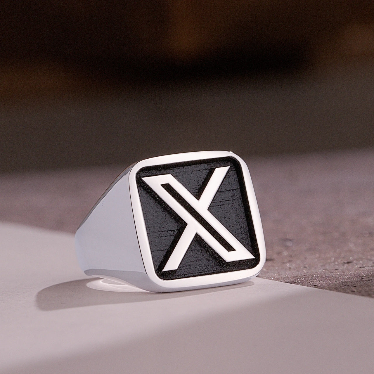 Custom Ring - White Gold Coated - Raised Design with Black Inlay