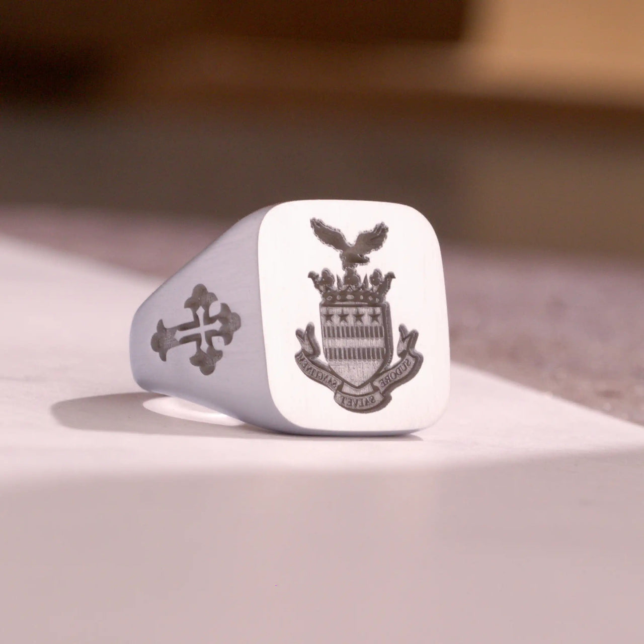 Custom Wax Seal Ring - White Gold Coated - Recessed & Reversed Design with Side Engravings