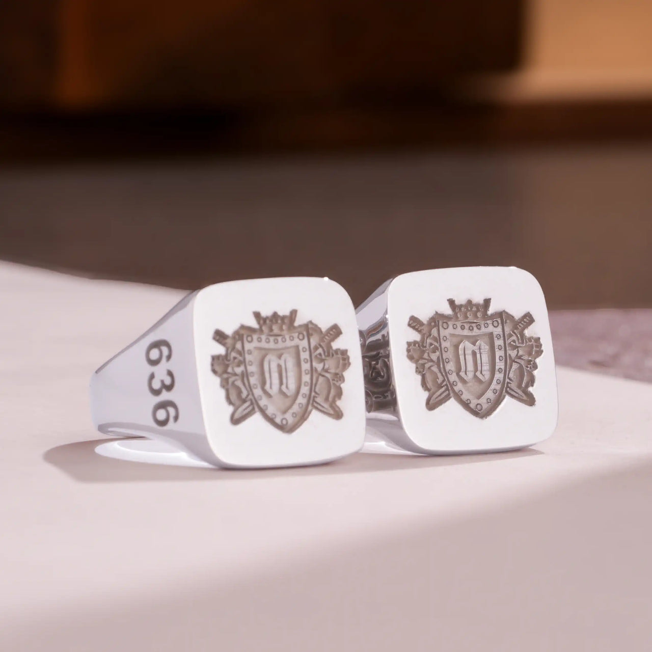 Custom Wax Seal Ring - White Gold Coated - Recessed & Reversed Design with Side Engravings