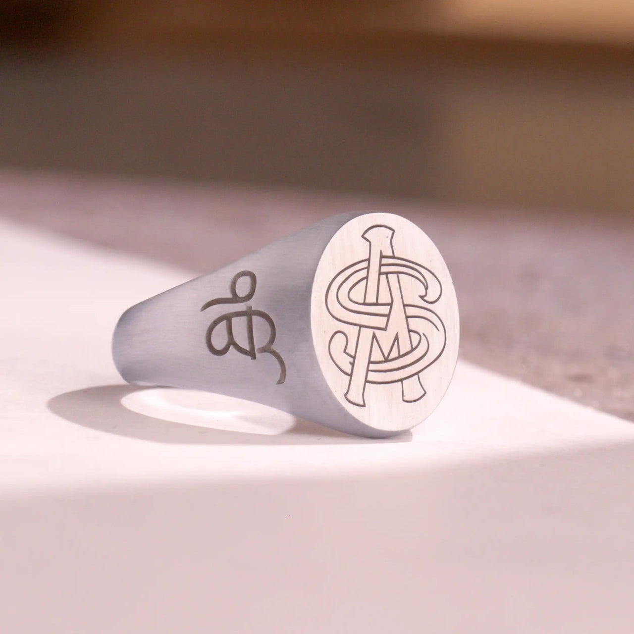 Custom Wax Seal Ring - White Gold Coated - Recessed & Reversed Design with Side Engravings