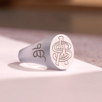 Thumbnail for Custom Wax Seal Ring - White Gold Coated - Recessed & Reversed Design with Side Engravings