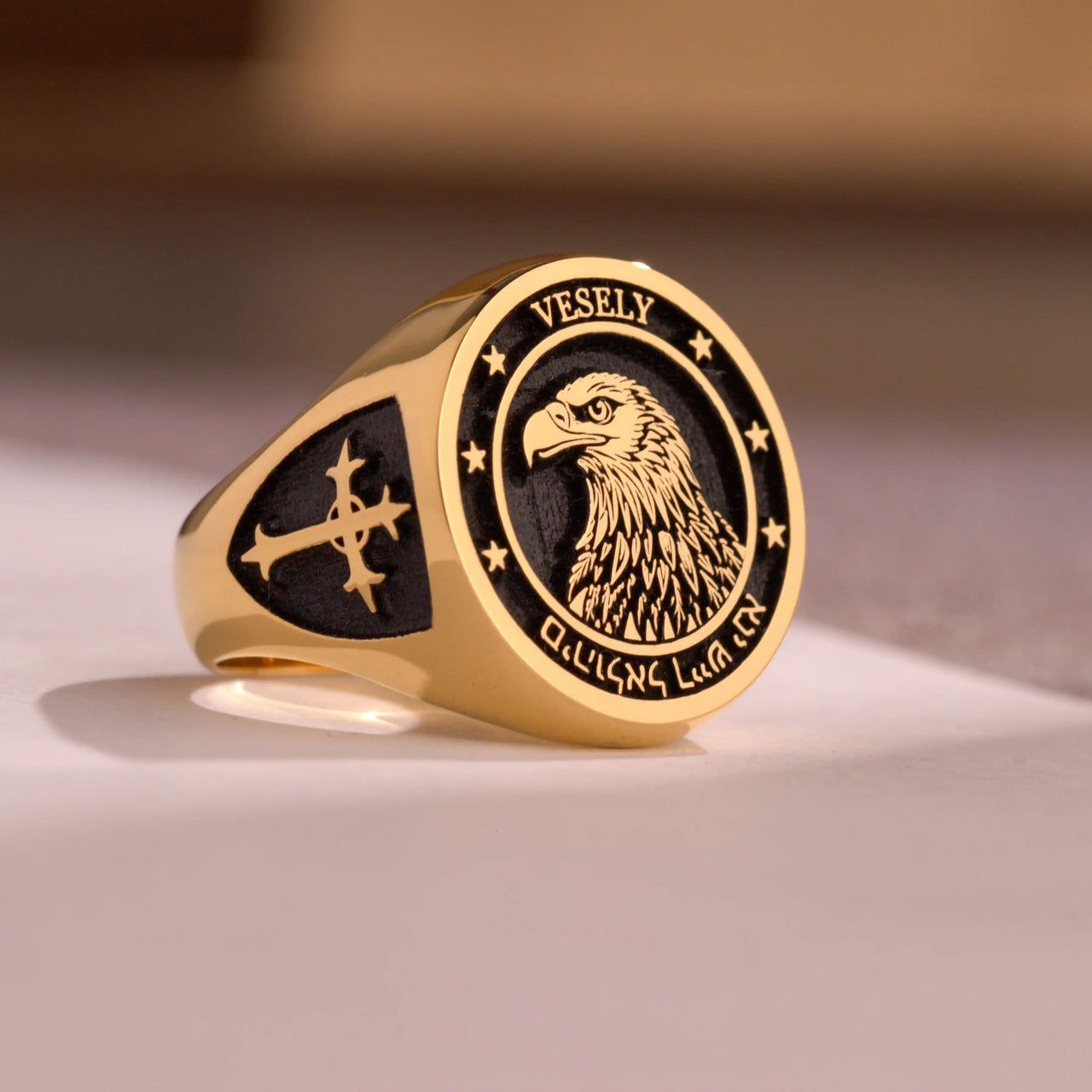 Custom Ring - Gold Coated - Raised Design with Black Inlay and Side Engravings