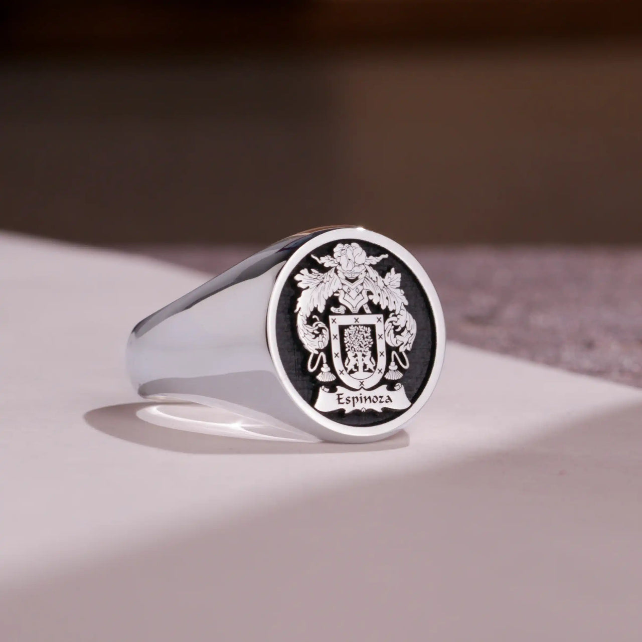 Custom Ring - White Gold Coated - Raised Design with Black Inlay