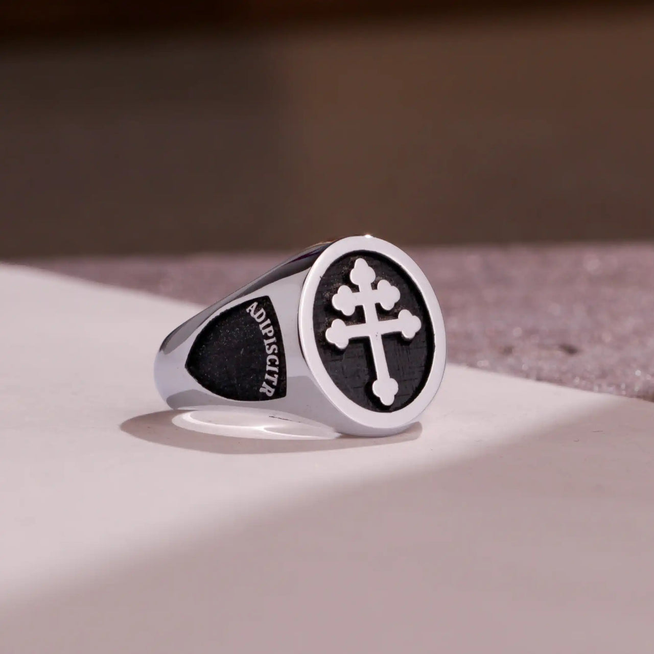 Custom Ring - White Gold Coated - Raised Design with Black Inlay and Side Engravings