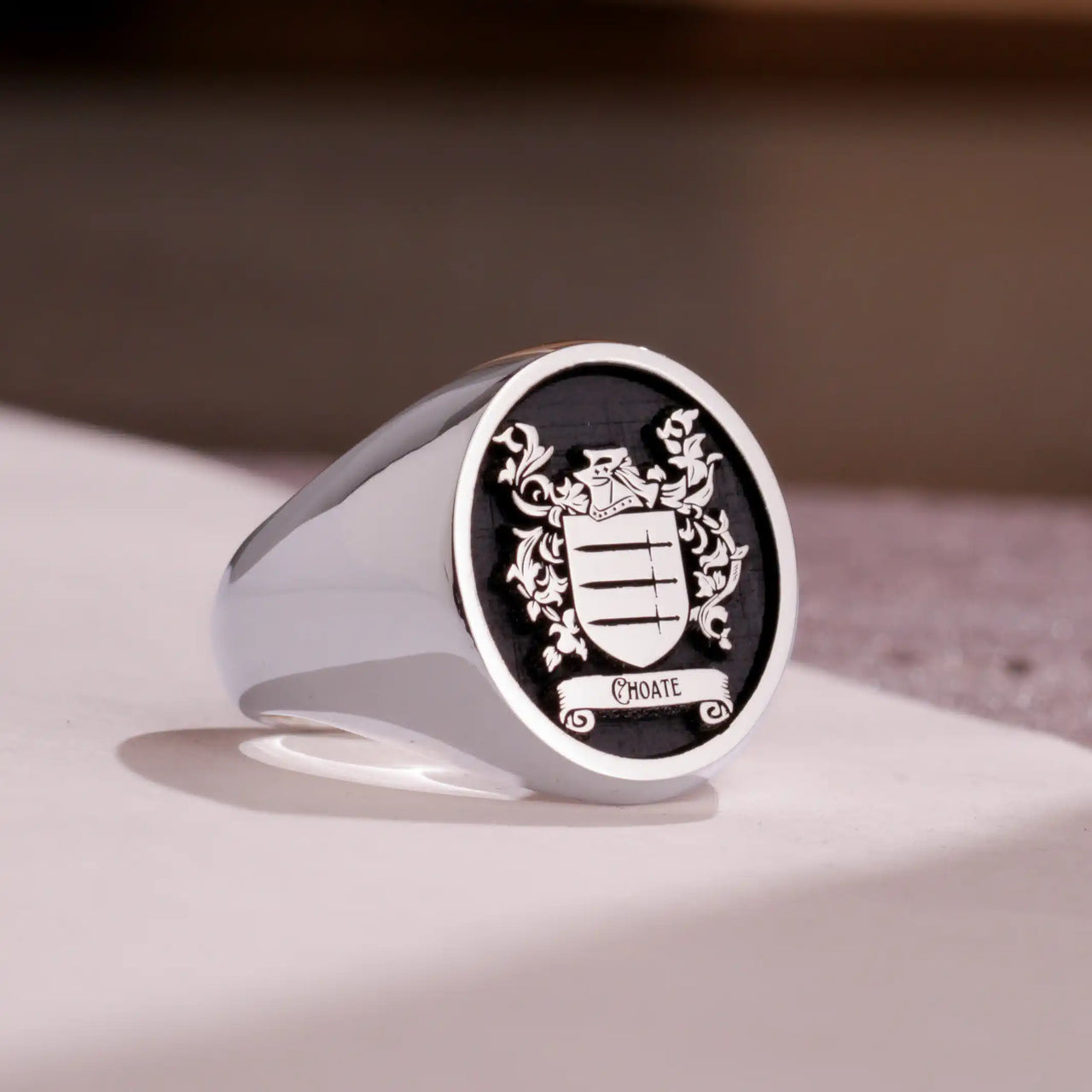 Custom Ring - White Gold Coated - Raised Design with Black Inlay