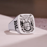 Thumbnail for Custom Ring - White Gold Coated - Recessed Design with Black Inlay and Side Engravings