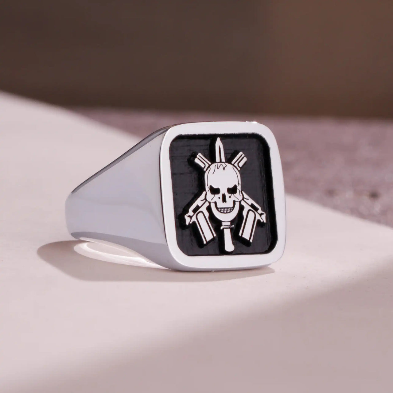 Custom Ring - White Gold Coated - Raised Design with Black Inlay