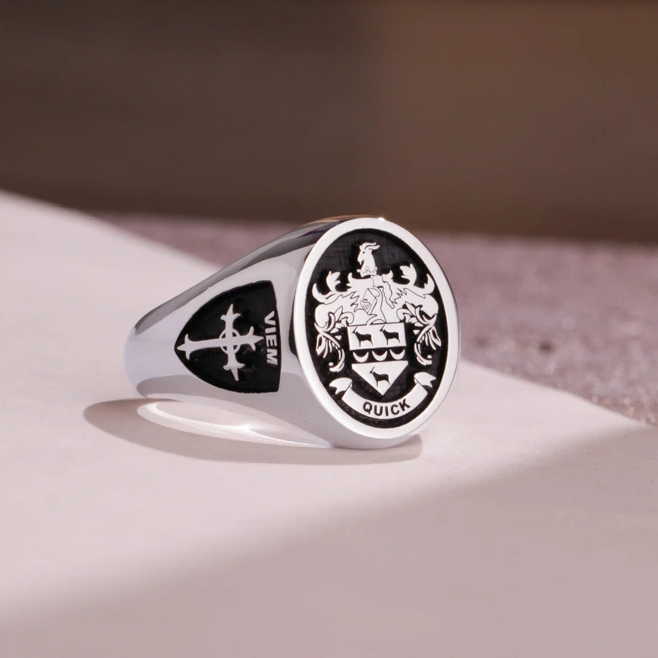 Custom Ring - White Gold Coated - Raised Design with Black Inlay and Side Engravings