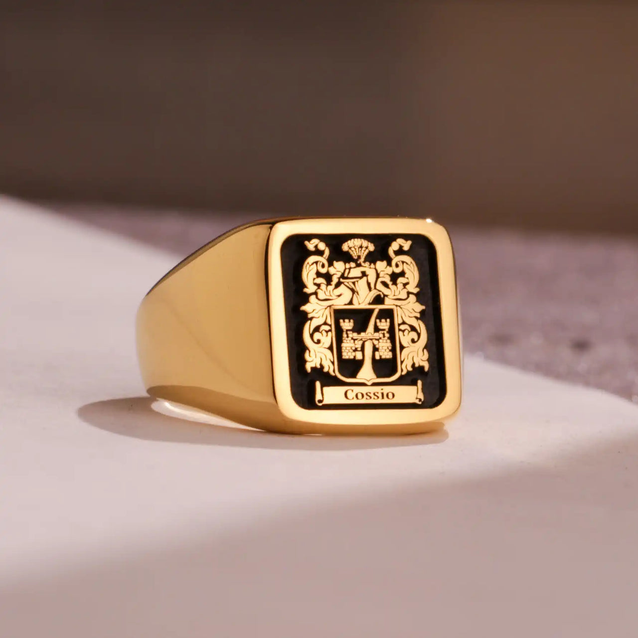 Custom Ring - Gold Coated - Raised Design with Black Inlay