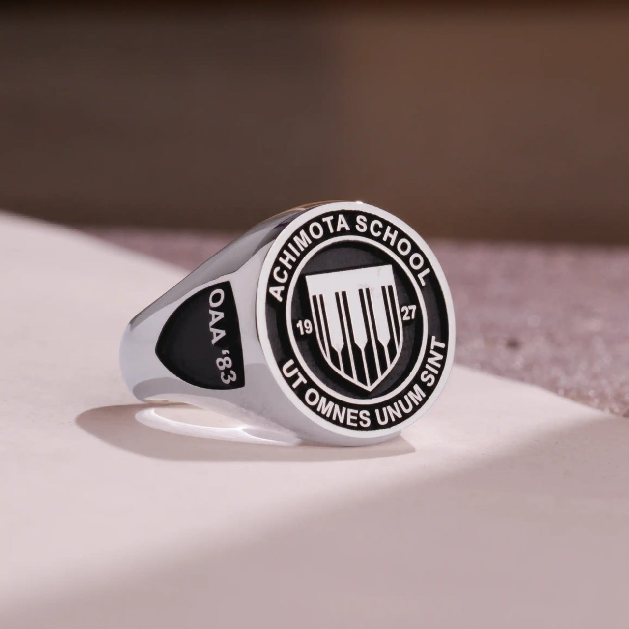 Custom Ring - White Gold Coated - Raised Design with Black Inlay and Side Engravings