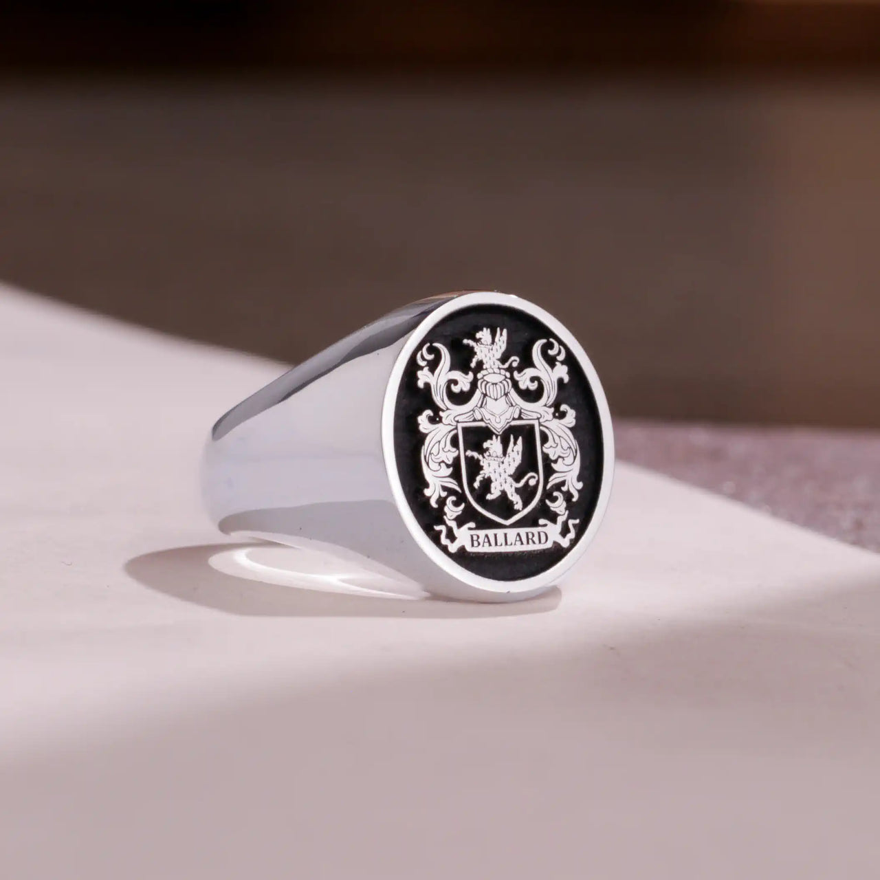 Custom Ring - White Gold Coated - Raised Design with Black Inlay