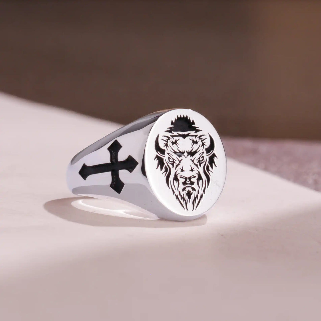 Custom Ring - White Gold Coated - Recessed Design with Black Inlay and Side Engravings