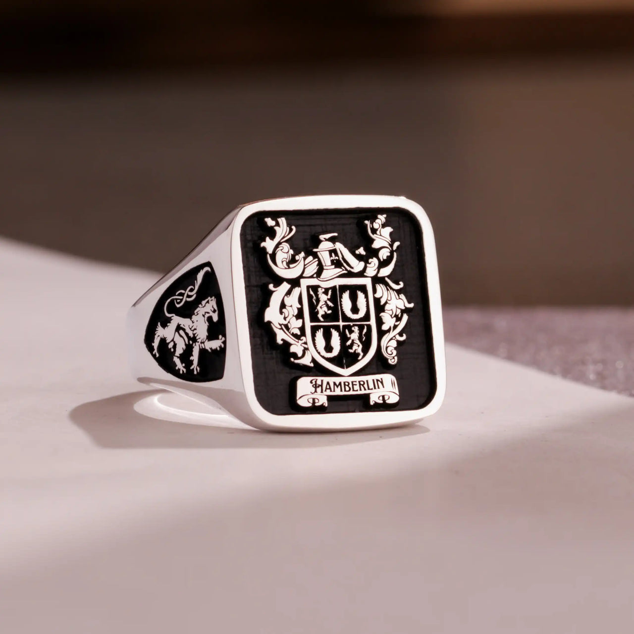 Custom Ring - 925 Silver - Raised Design with Black Inlay and Side Engravings