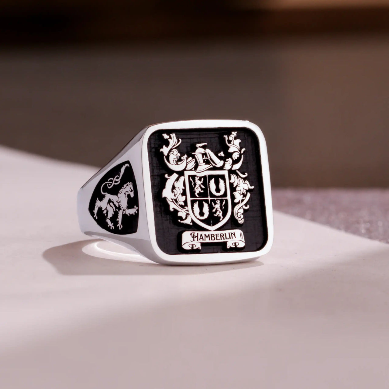 Custom Ring - White Gold Coated - Raised Design with Black Inlay and Side Engravings