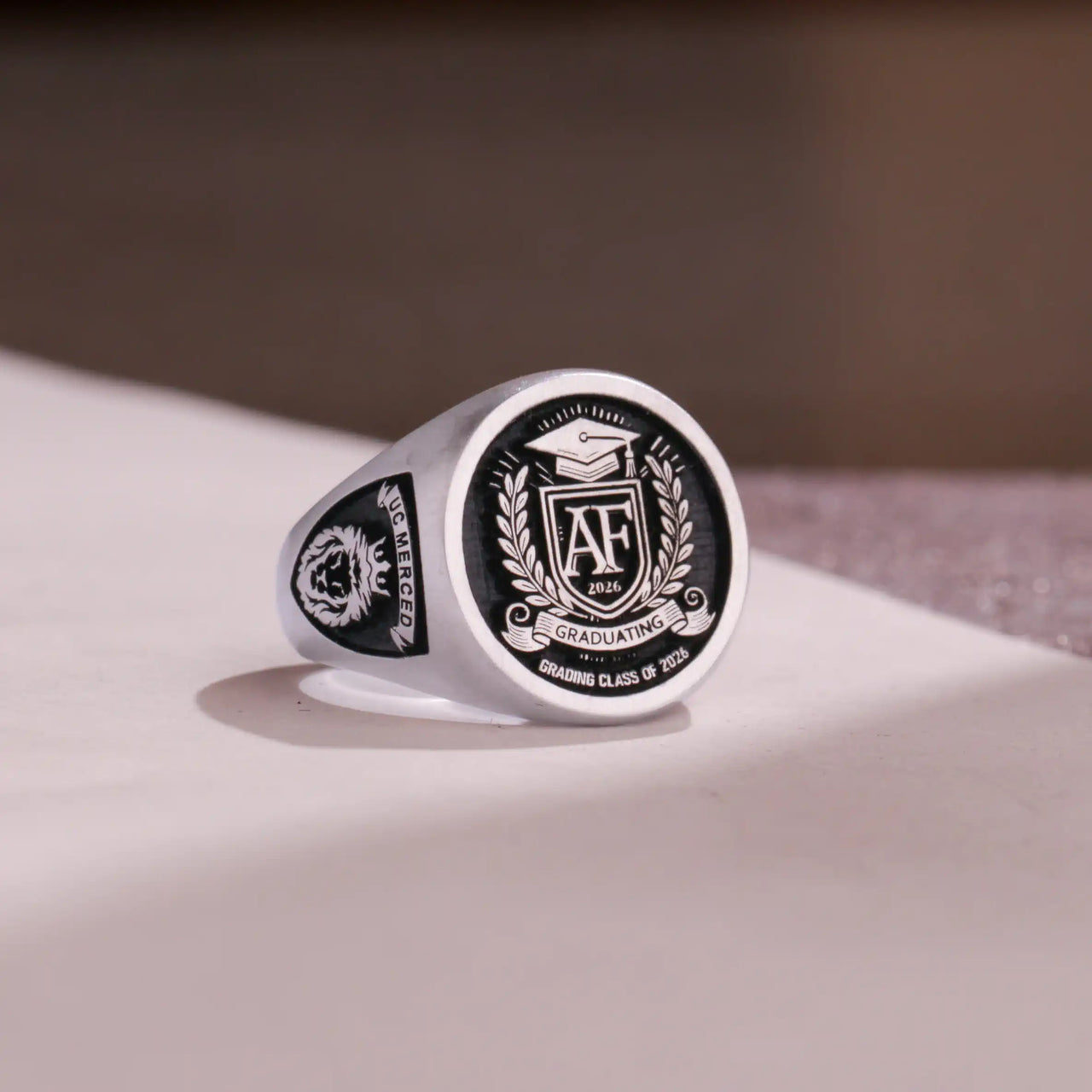 Custom Ring - White Gold Coated - Raised Design with Black Inlay and Side Engravings